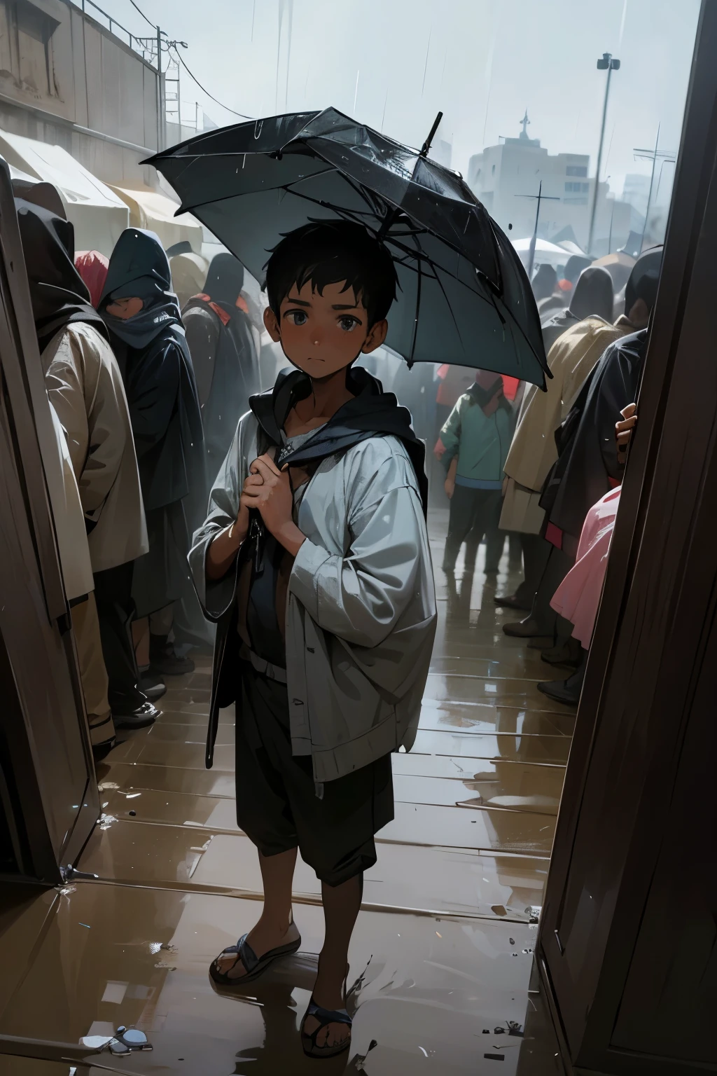 a boy in a refugee camp, clothes covered in dust, indifferent, (rain), war, waiting in line, building collapsed, wet, don't have umberella, empty
