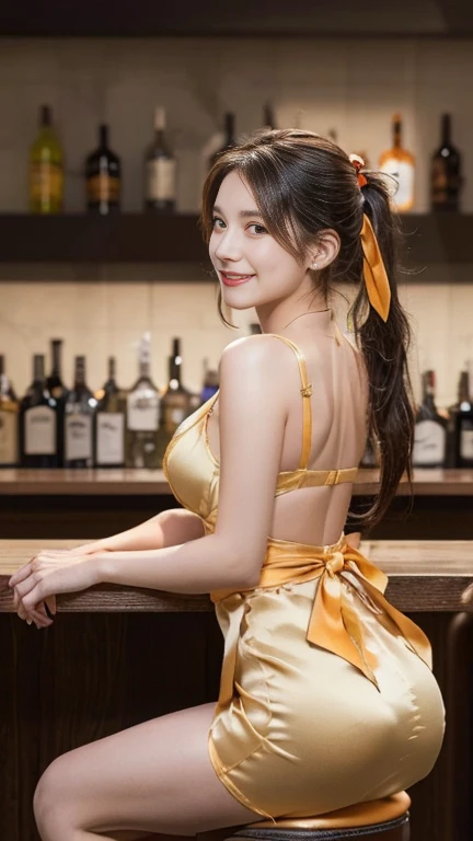 ((masterpiece)), (highest quality), 23 years old,Very detailed, finely, (High resolution), (8k), ((Perfect front viewcomposition)), (Natural color lip),(Side Ponytail:1.3),(((Sit facing forward at the bar))), Look at me and smile))),((Silk orange short dress)),((From the whole body to the toes:1.3)),((Perfect front view)),((sitting on a bar stool)),((Model pose)),,((Big ribbon on thigh)),((Normal size buttocks)),,((Full and firm breasts)),(Look at me and smile),((Ample breasts))