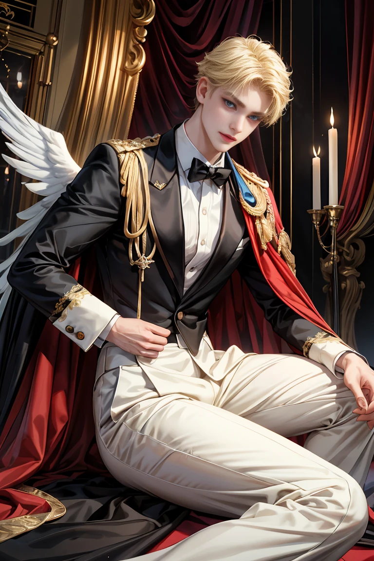 
masterpiece, 最high quality, high quality, 1 boy, alone, Male focus, Watching the audience,  Messy blonde, Adorable big blue eyes, White, Noble, Noble, Beautiful angel、Tuxedo、A very long red and black cape with a high stand-up collar, very big, very big, very big, reaching down to the floor, made of a lot of fabric., 17 years old,Cute beautiful boys,Cute, cute, handsome boy with a gentle smile