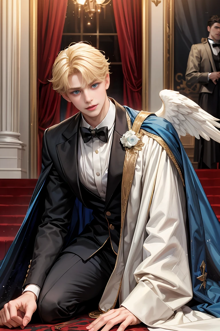 
masterpiece, 最high quality, high quality, 1 boy, alone, Male focus, Watching the audience,  Messy blonde, Adorable big blue eyes, White, Noble, Noble, Beautiful angel、Tuxedo、A very long red and black cape with a high stand-up collar, very big, very big, very big, reaching down to the floor, made of a lot of fabric., ,Cute beautiful boys,Cute, cute, handsome boy with a gentle smile