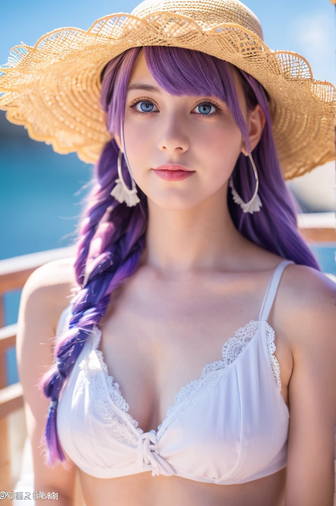 masterpiece, best quality, ultra-detailed, kawaii, cute, lovely, sexy, ero, extremely detailed, 4K, 8K, best quality, beautiful, watercolor, on the bed, a cute girl, solo, maid, beautiful purple hair, beautiful light blue eyes, beautiful eyes, straw hat, aurora
