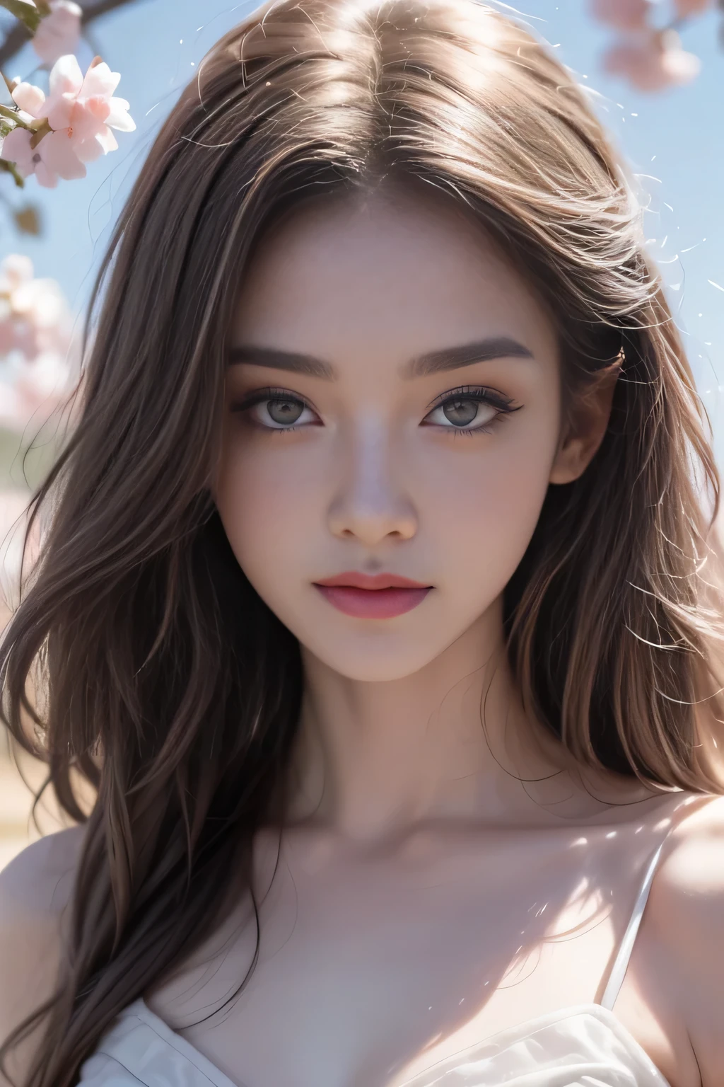 (1 Girl:1.3), solo, (((Very Very Detailed face))),((Very detailed eyes and face))),(Full body portrait:1.5)(Light pink hair:1.5), (Pink Eyes:1.5), Pink and white, Sakura Leaves, Bright colors, White Dress, Paint splatter, Simple background, Ray Tracing, curls