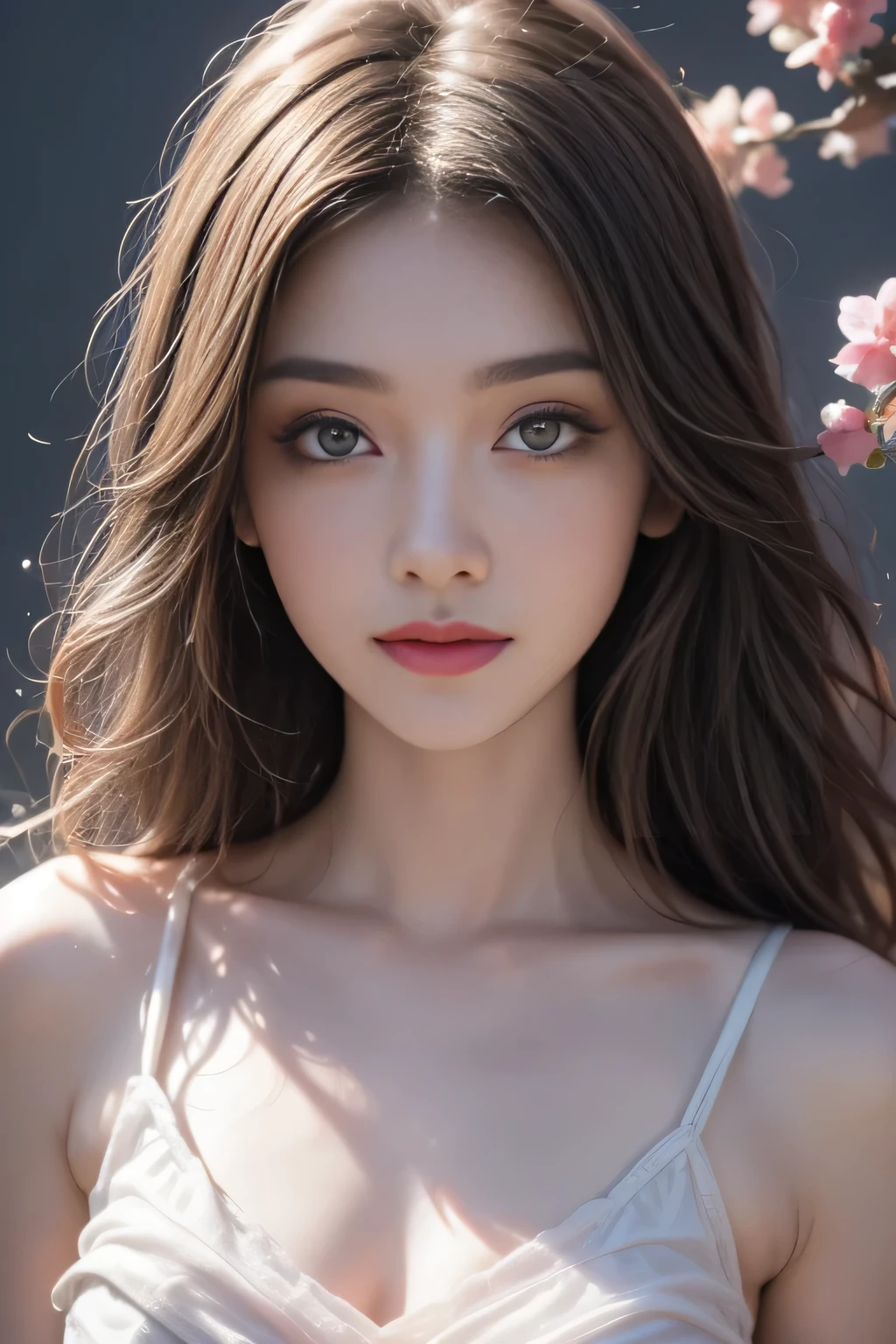 (1 Girl:1.3), solo, (((Very Very Detailed face))),((Very detailed eyes and face))),(Full body portrait:1.5)(Light pink hair:1.5), (Pink Eyes:1.5), Pink and white, Sakura Leaves, Bright colors, White Dress, Paint splatter, Simple background, Ray Tracing, curls