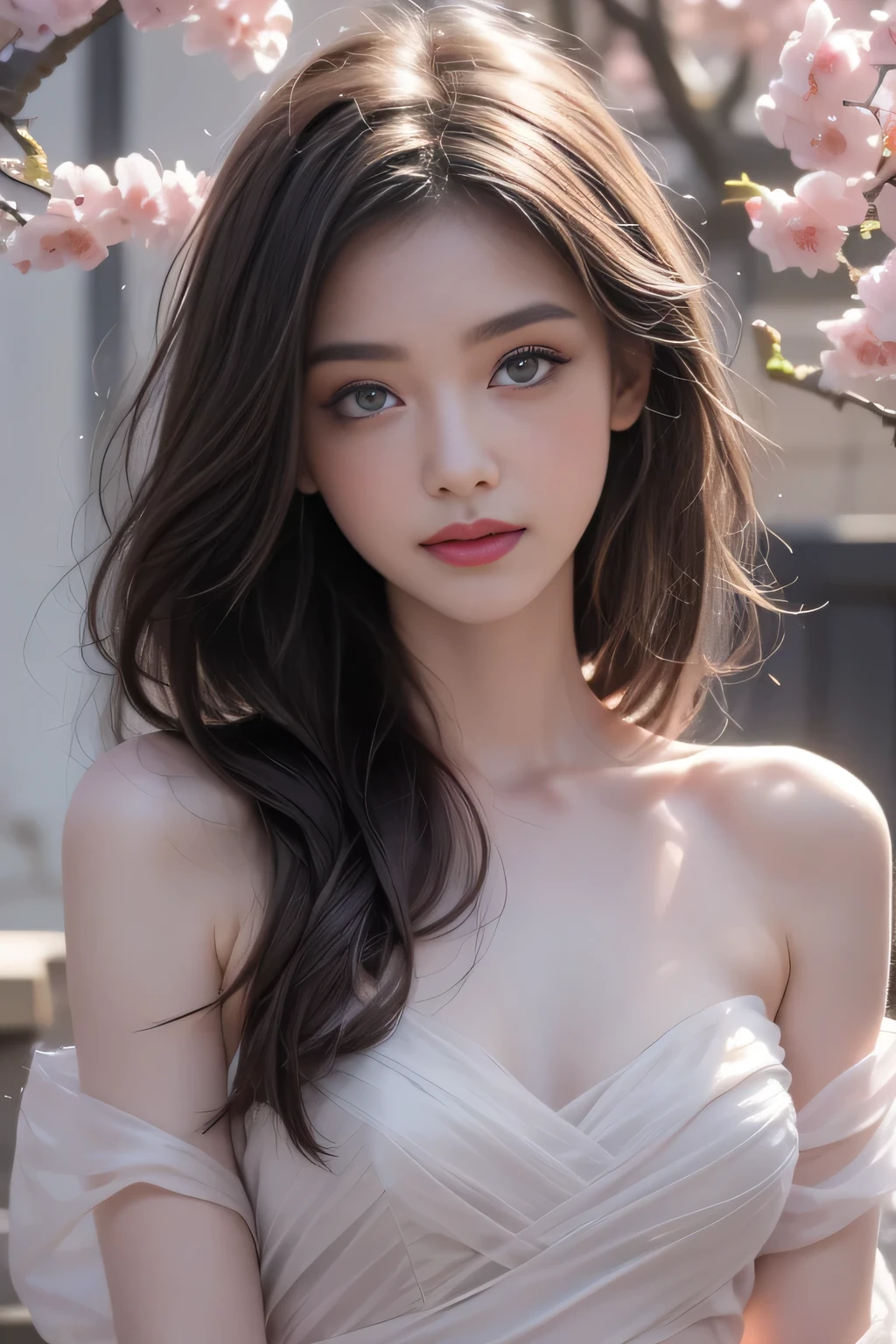 (1 Girl:1.3), solo, (((Very Very Detailed face))),((Very detailed eyes and face))),(Full body portrait:1.5)(Light pink hair:1.5), (Pink Eyes:1.5), Pink and white, Sakura Leaves, Bright colors, White Dress, Paint splatter, Simple background, Ray Tracing, curls