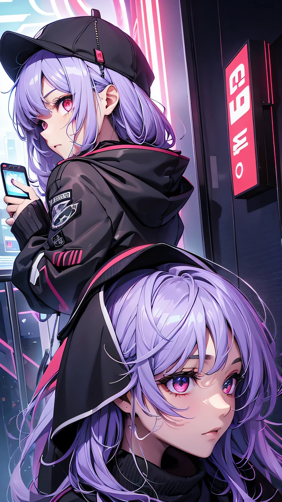 最high quality、Best image quality、masterpiece、girl((18-year-old、 By becoming、Best Bust、Medium Bust,Wide open breast tea、Red glowing eyes,Silver Hair、Disheveled Hair、Long Hair、thin,The highest valley、Open chest、Luminous Wristbands、hat、hair ornaments、luminous necklace、Black sleeveless hoodie(1:2)、Blue short skirt、Disheveled clothing、Show the whole body,Low - Angle、Hacker-like、sweating、lure、Black cute mask、Leaning against a wall、Black scarf、Have a smartphone、Back view、Accentuate your butt、On all fours)),high quality、Beautiful art、background((Neon Light、Neon interior at night))、Flight、Flying debris、Written boundary depth、movie、Visual Arts、Perfect art、8K,Genuine、