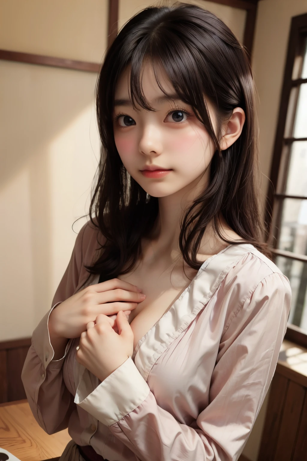 master piece , best quality , detailed , matured woman face , (hands on own chest) , blouse , japanese , room , indoor