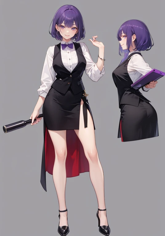 Purple hair,Short hair,Adult female,(Bartender),((Body harness)),((Black vest)),(Rolling up your sleeves shirt),(Corset),(Above knee length skirt),High heels,((Simple background)),Smile,((Full body)),((whole body)),Character Sheet,