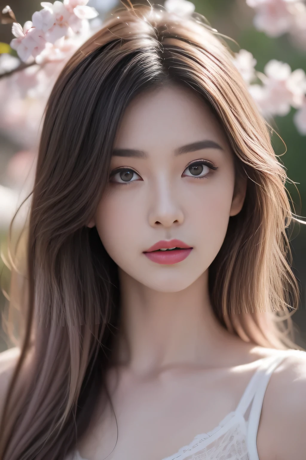 A girl with a very detailed face, including very detailed eyes and face features. The portrait should be solo and have a high quality of 1.3. The girl has light pink hair and pink eyes of 1.5 intensity. She is wearing a white dress and standing in a simple background with cherry blossom leaves scattered around. The overall color tone of the image is vibrant and the girl's hair has curls. The image should have paint splatters to add an artistic touch, and the lighting should have ray tracing effects.(（pink：1.5）)