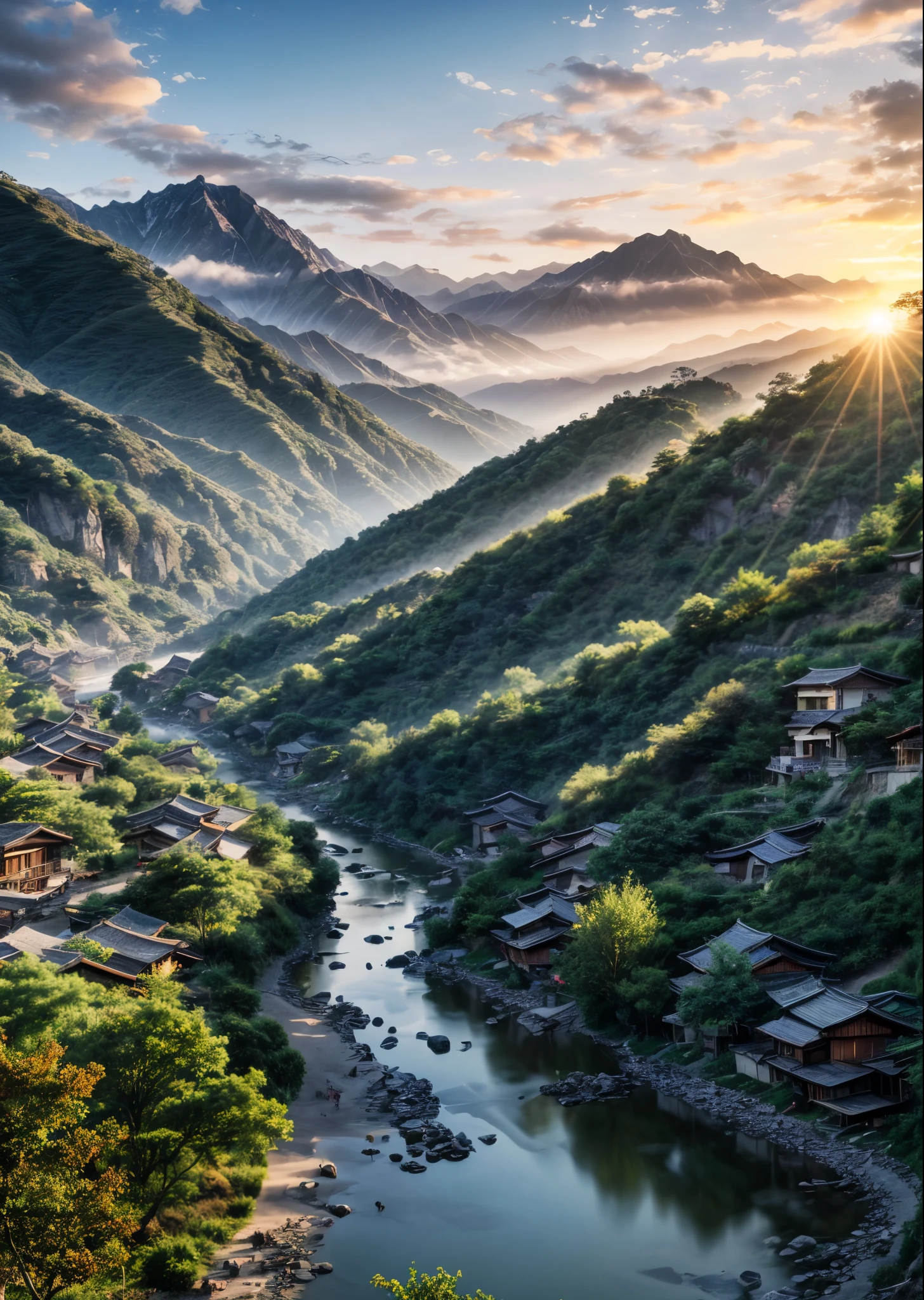 Mountain village view from the top of the valley、Village at Sunrise、Flow of the stream、Villager Work、Perfect lighting、Sharp Focus、High definition、high resolution、High color rendering、High resolution、Ultra-realistic、photo realistic
