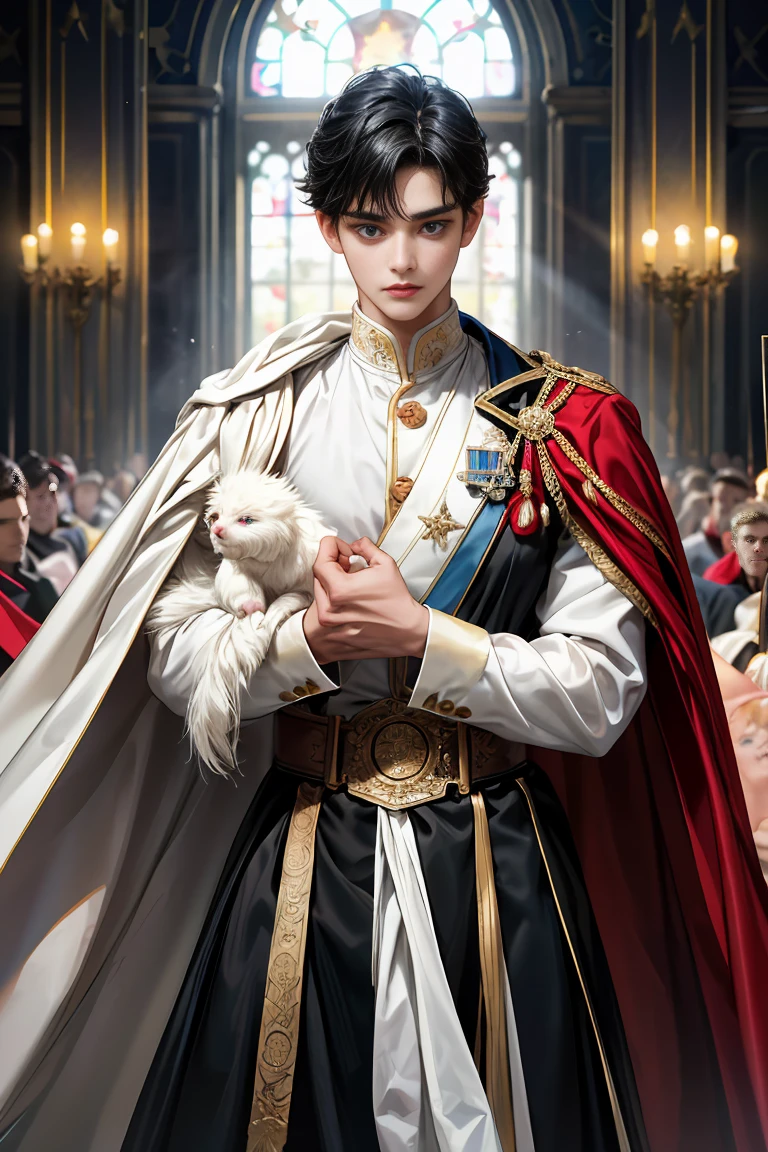 
masterpiece, 最high quality, high quality, 1 boy, alone, Male focus, Watching the audience,  Messy black hair, Adorable big blue eyes, White, Noble, Noble, Beautiful angel、A very big, very big, very big, very long, long red and black cape made with a lot of fabric that reaches all the way down to the floor, 17 years old,Cute beautiful boys,Cute, cute, kind, handsome guy