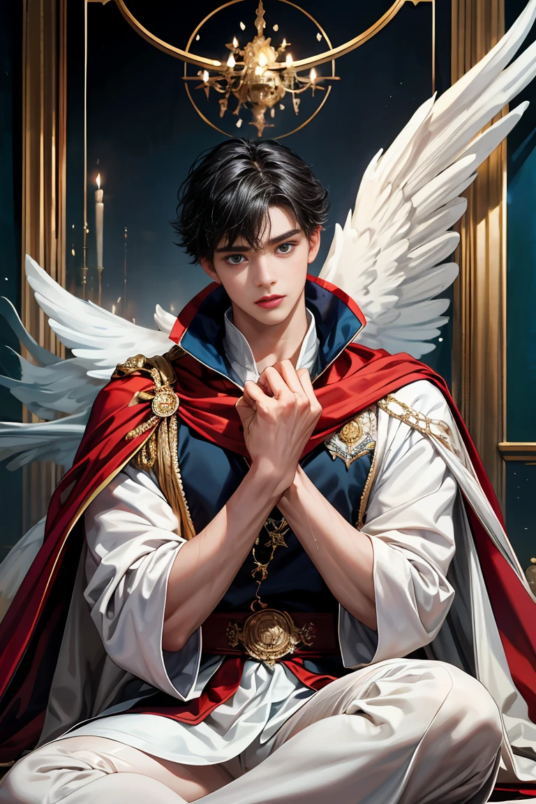 
masterpiece, 最high quality, high quality, 1 boy, alone, Male focus, Watching the audience,  Messy black hair, Adorable big blue eyes, White, Noble, Noble, Beautiful angel、A very big, very big, very big, very long, long red and black cape made with a lot of fabric that reaches all the way down to the floor, 17 years old,Cute beautiful boys,Cute, cute, kind, handsome guy