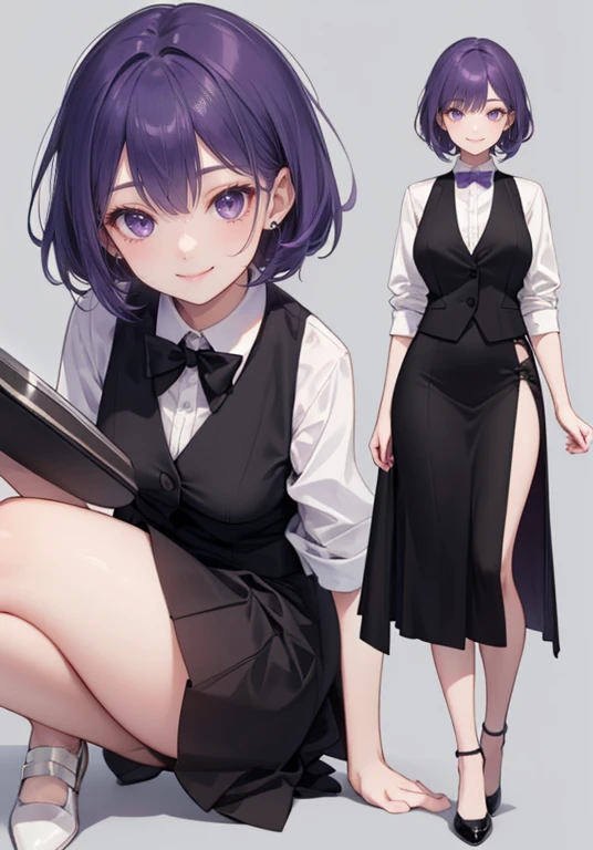 ((Perfect Face)),Purple Hair,Shortcuts,1 female,bartender,,Black vest,skirt,slit,,((Simple Background)),((smile)),((Full Body)),((full body)),upright,