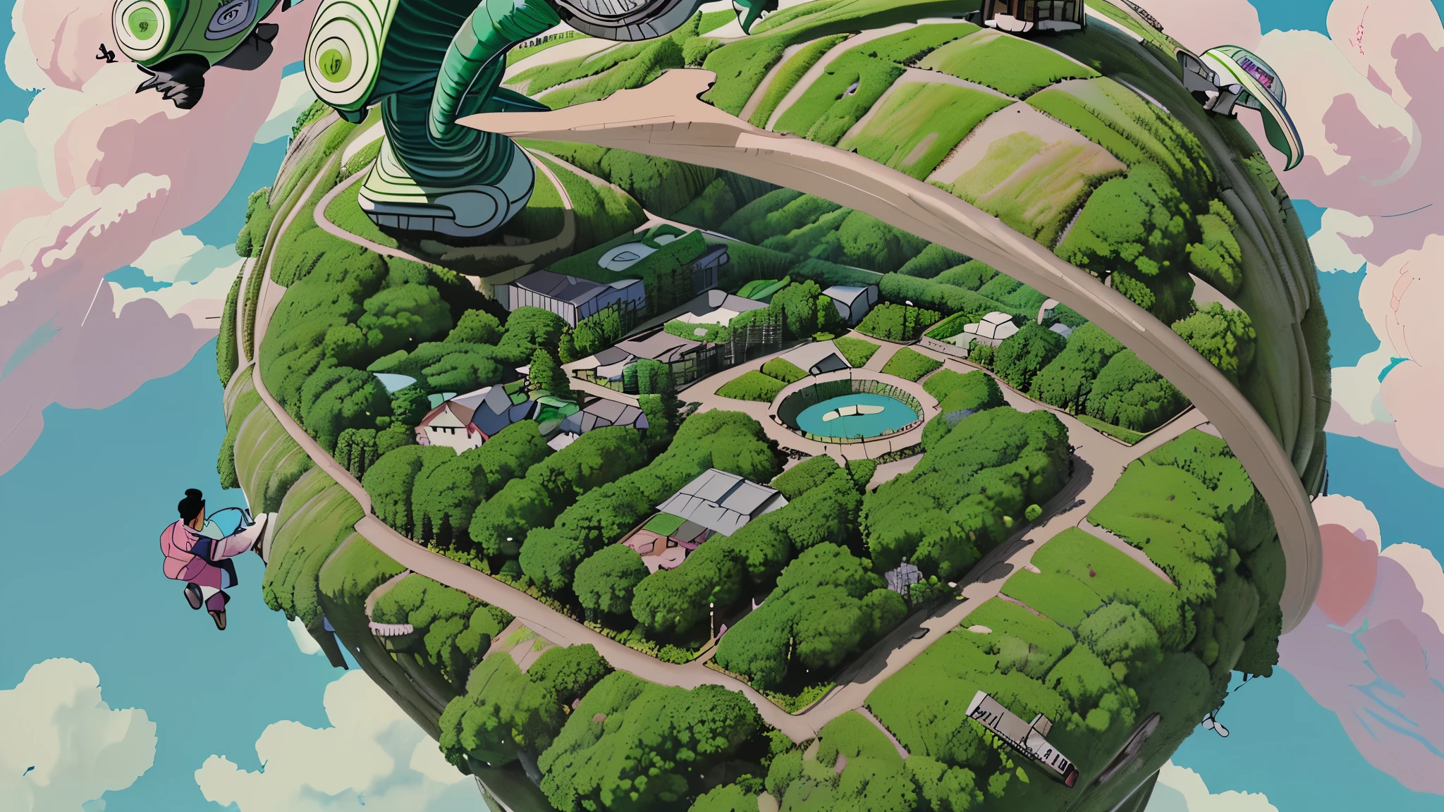 Draw a small planet about 100 meters in radius, covered with green grass. It has a comical Japanese manga style with a strong sense of perspective. There are roads and large trees. There is also a pink snack bar building with a retro Showa-era vibe, and the sign reads "snack P" There are A man and a woman in suits are dancing on the grass with a beer in hand, airplanes flying overhead, dinosaurs present, heroes included, and someone drunk on beer.