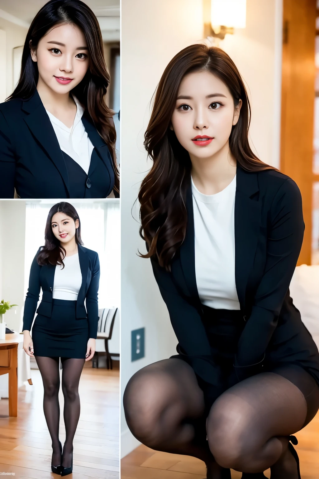 (1woman), Beautiful, Amazing face and eyes, makeup, (extremely detailed beautiful face), seducting smile, (Best Quality:1.4), (Ultra-detailed), (extremely detailed CG unified 8k wallpaper), Highly detailed, raw photos, Professional Photography, (Business Suit, Mini skirt:1.2), (Business shirt with wide open chest), (Spread legs), (view from below:1.2)