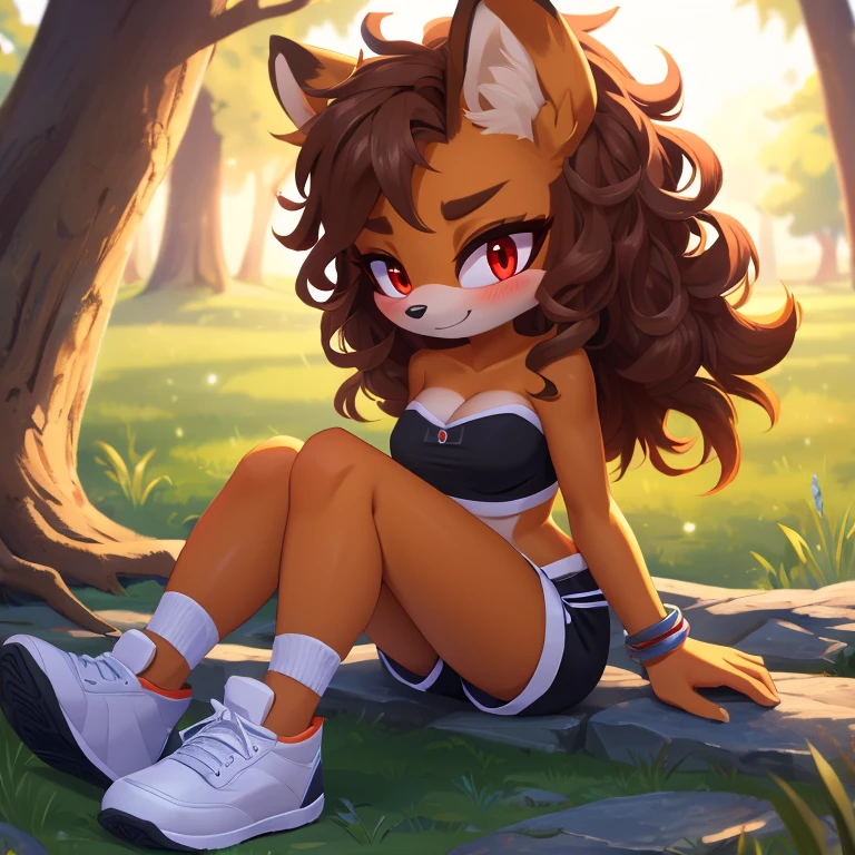 mobian, hedgehog, two-tone fur ((orange fur, brown fur)), pyjama elastic shorts, strapless crop top, cleavage, high-top sneakers, two-tone hair (brown hair, black tip)), curly hair, halo, sunglasses, jewelry, red eyes, longeyelashes, red eyes, smile, shy, blush, high detail, masterpiece, UHD, anatomically correct, super detail, highres, 4K