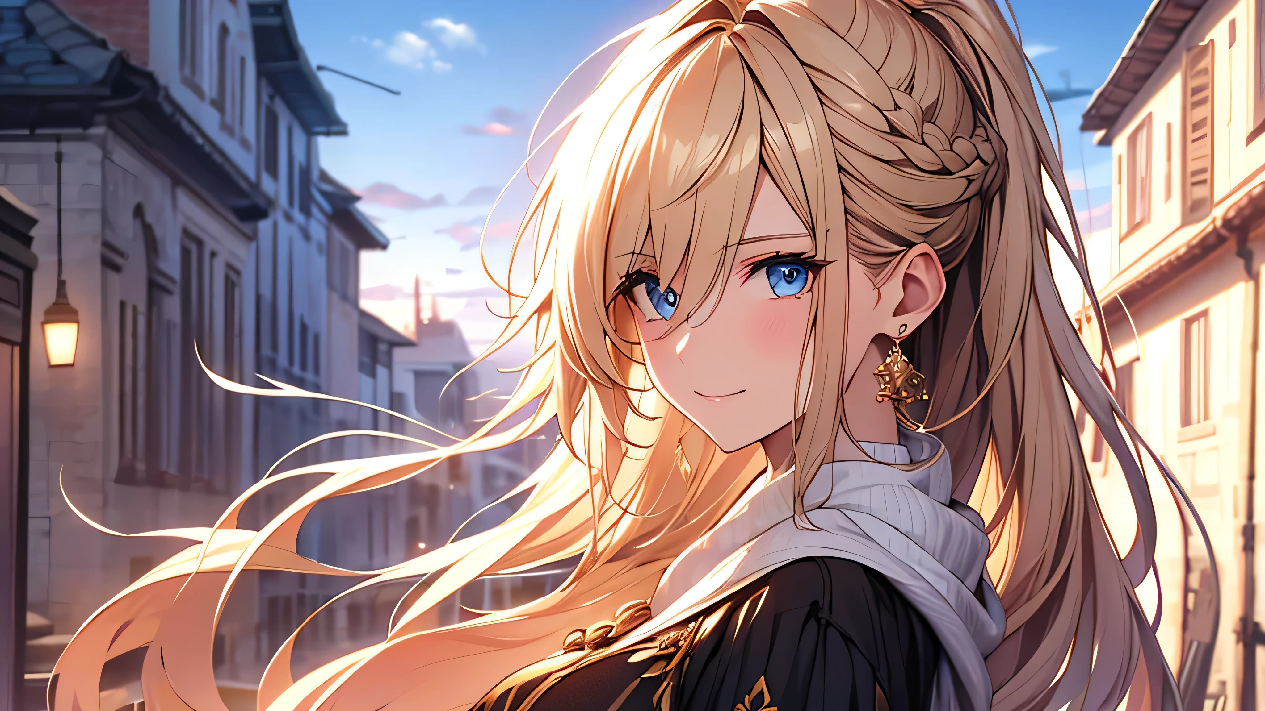 (only one woman), blonde hair, playing flute in orchestra, Ponytail, (best quality,8K,masterpiece:1.3)),Slim beauty:1.3,(Casual hairstyle,1.2),clothing:1.1,long sleeves ,super delicate face,exquisite eyes,double eyelids,Smile,Home