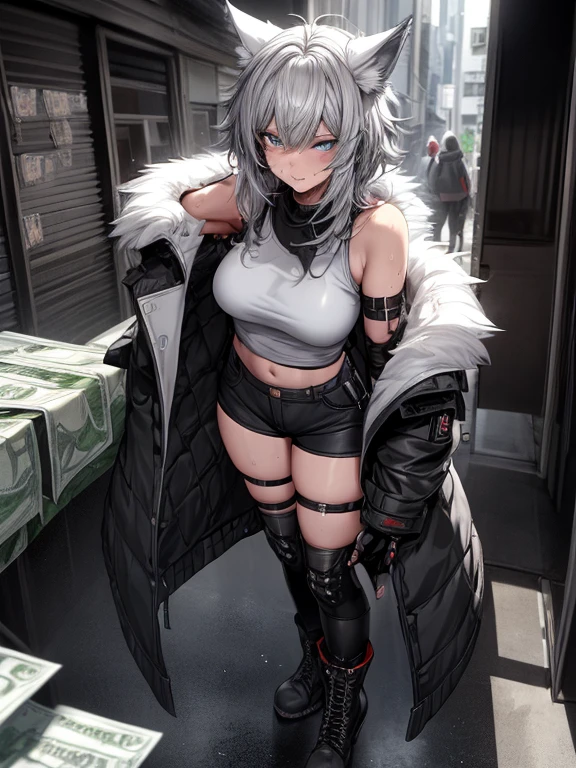 Single girl, Anime tomboy, Short, Long white hair, wolf ears, wolf tail, blue eyes, thigh high fishnets, black combat boots, wearing fur lined open jacket, nude, solo tomboy, only one female ((small breasts)) solo, alone, (SOLO)(ALONE) thighs, nice hips, blue eyes, perfect eyes, perfect face, pouty lips, happy, white shirt, midriff, black cutoff shorts, perfect detailed face, ((sweat)), aftersex, alley, modern grey walls, (prostitution), (((holding money in hand))), (((money))), dollar, ((after prostitution)), standing, spread legs, (smug), young,