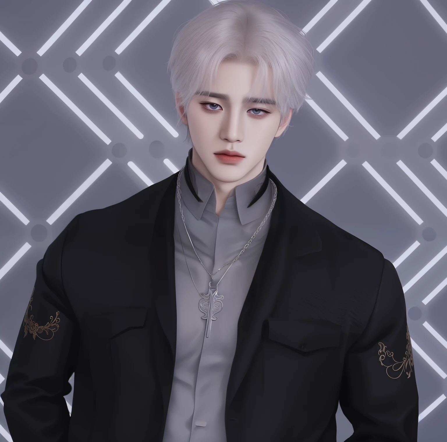 Drawing of a man wearing a black jacket and gray shirt, avatar images of handsome young man, Inspiration from Zhang Han, Drawing in Anime Painter Studio, handsome korean boy, (necklace), close up, white hair, (white galaxy eyes), Inspiration from Yan Juncheng, By Ni Thian, Semi-realistic anime, male style anime, Realistic anime style, สไตล์Semi-realistic anime, high resolution, high quality