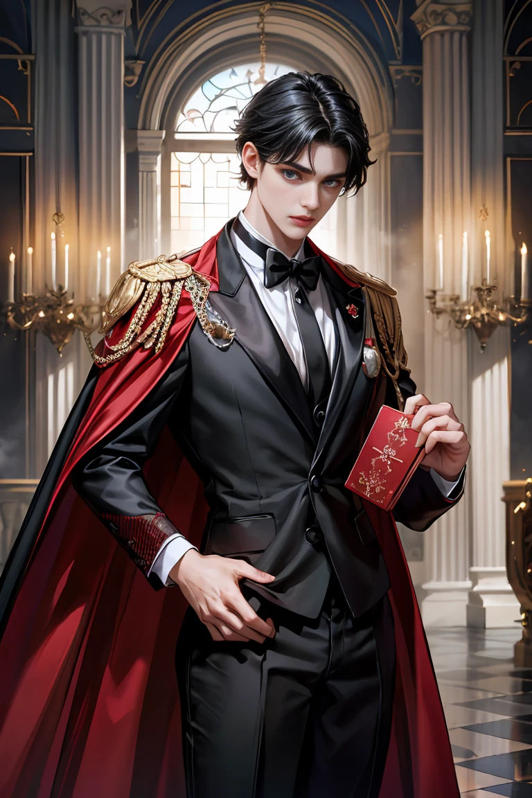 masterpiece, 最high quality, high quality, 1 boy, alone, Male focus, Watching the audience, Messy black hair, Adorable big blue eyes, White, Noble, Noble, Beautiful angel、Tuxedo、A tall stand-up collar, very big, very big, very big, long, long, reaching down to the floor, a long, long red and black cape made with a lot of fabric, ,Cute beautiful boys,Cute, cute, kind, handsome guy