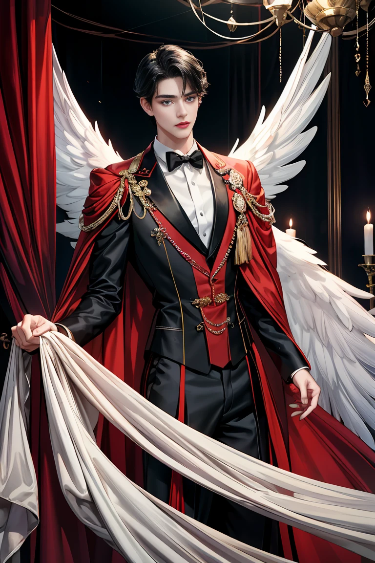masterpiece, 最high quality, high quality, 1 boy, alone, Male focus, Watching the audience, Messy black hair, Adorable big blue eyes, White, Noble, Noble, Beautiful angel、Tuxedo、A tall stand-up collar, very big, very big, very big, long, long, reaching down to the floor, a long, long red and black cape made with a lot of fabric, 17 years old,Cute beautiful boys,Cute, cute, kind, handsome guy