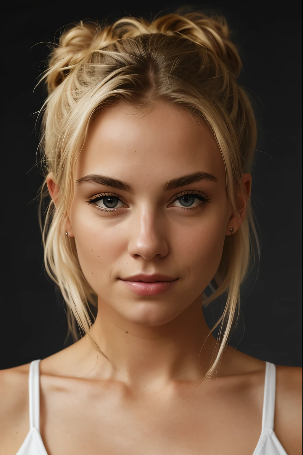 blonde woman with a messy bun detail, a white tank top, beautiful young face detail, portrait d'A beautiful model, photo d'une belle femme, jeune beau visage, belle jeune femme, belle jeune femme, pretty female face detail, beau visage parfait, jolie jeune femme, beautiful female model, visage de jeune femme, perfect and detailed face, magnifique portrait de visage réaliste, jolie jeune femme, yeux bleus perçants, realistic and detailed eyes, Realistic lips.