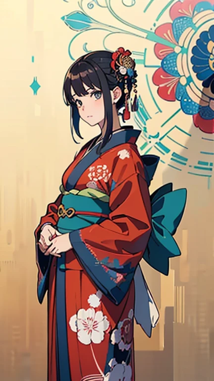 (masterpiece, top quality, best quality, official art, beautiful and aesthetic:1.2), (1girl),elaborate costume(Luxurious Japan kimono(Colorful kimono(detailed embroidery))), extreme detailed,(Fractal art),colorful,highest detailed,Mandala in the background, half body shot only.