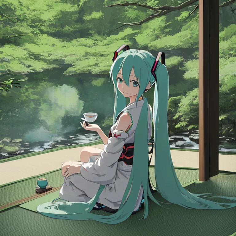 Hatsune Miku enjoying tea ceremony in the wilderness
