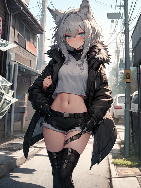 Single girl, Anime tomboy, Short, Long white hair, wolf ears, wolf tail, blue eyes, thigh high fishnets, black combat boots, wearing fur lined open jacket, nude, solo tomboy, only one female ((small breasts)) solo, alone, (SOLO)(ALONE) thighs, nice hips, blue eyes, perfect eyes, perfect face, pouty lips, happy, white shirt, midriff, black cutoff shorts, perfect detailed face, ((sweat)), aftersex, alley, modern grey walls, (prostitution), (((holding money in hand))), (((money))), dollar, ((after prostitution)), standing, spread legs, (smug), young,