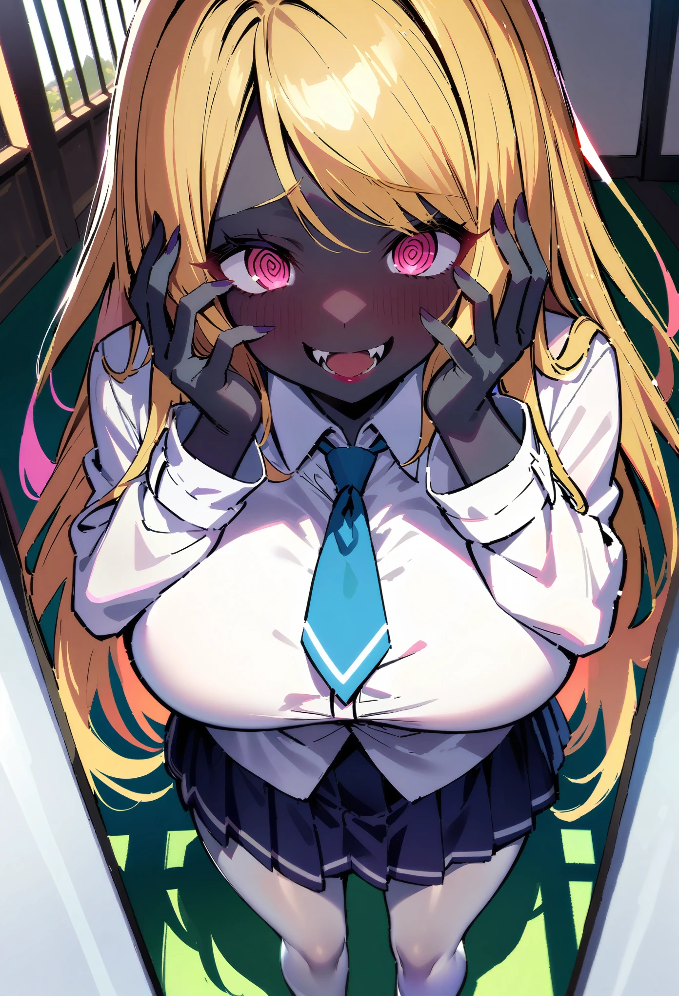 masterpiece, best quality, extremely detailed, 1girl, (milf:1.2), solo, (dark skin, black skin:2), SaibaMomoi, (huge breasts:1.31), ((((blonde hair), long hair, pink eyes))), red lips, (((white coat, white shirt, necktie, medium skirt, white pantyhose))), ((@_@, yandere trance, evil smile), open mouth, fangs), ((standing, hands on own face, balcony, school))