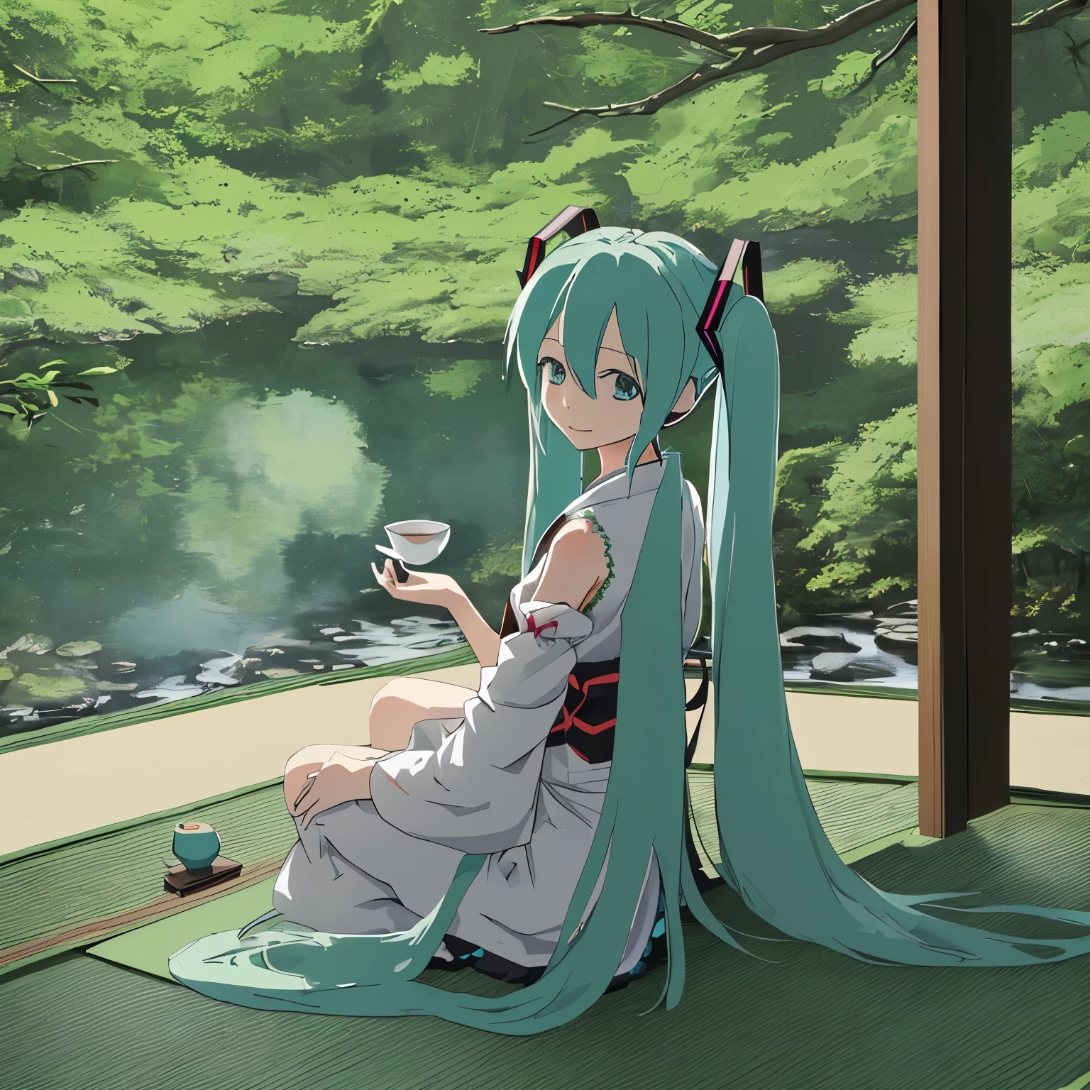 Hatsune Miku enjoying tea ceremony in the wilderness
