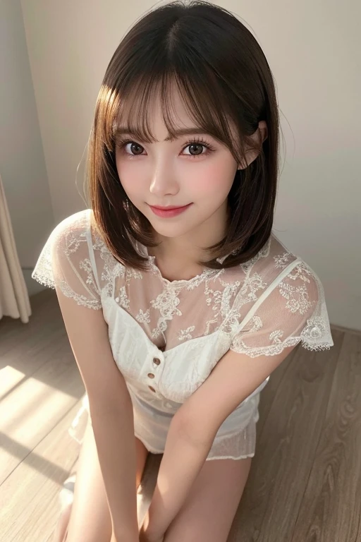 ((Highest quality)), ((Photo quality)), (detailed), Perfect Face,12 years old,Upper Body,Thin arms,White skin,bed,Sheer blouse