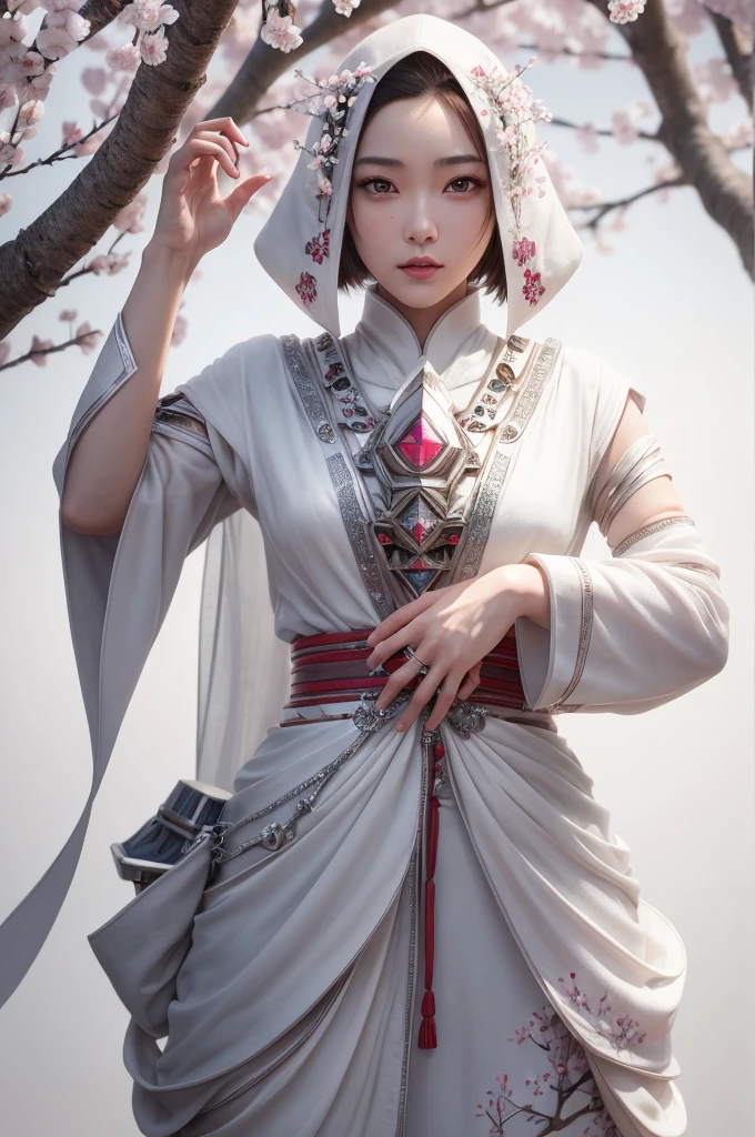 beautiful japanese young woman, wearing hazmat suit made of silver, thick symmetrical features, very short hair, background is cherry blossoms, pink aura, red lips, octane render,