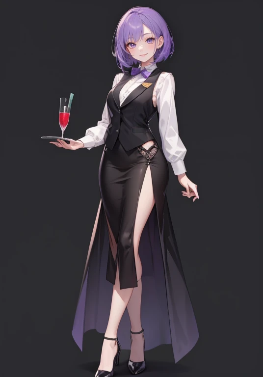 ((Perfect Face)),Purple Hair,Shortcuts,1 female,bartender,,Black vest,skirt,slit,,((Simple Background)),((smile)),((Full Body)),((full body)),upright,