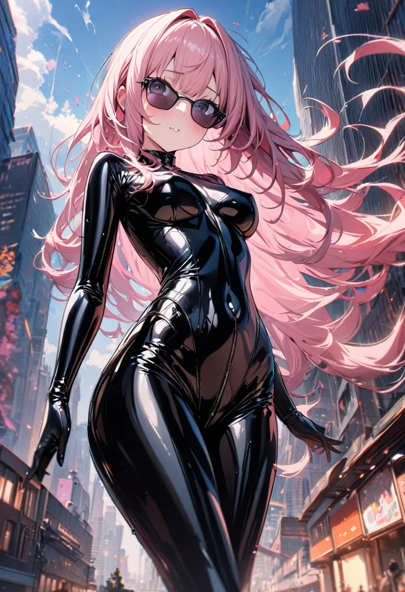 ((masterpiece)), ((best quality)), (ultra-detailed), ((kawaii)), cute, (lovely), ((sexy)), (ero), ((extremely detailed)), 4K, (8K), best quality, (beautiful), gradation, building, a cute girl, solo, latex bodysuit, beautiful pink hair, beautiful black eyes, (beautiful eyes), sunglasses, wind effect