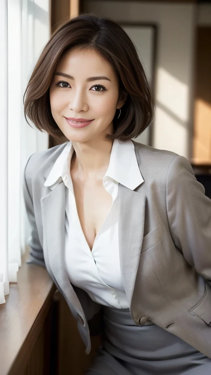 (highest quality,8k,masterpiece),
日本人Mature Woman,40 years,Mature Woman,Pure white skin, Tabletop、Top view from chest、
Full breasts、　White collared blouse、Grey tailored jacket、Grey tight skirt、Brown short bob、
,A gentle smile、A gaze that seduces viewers、In-house offices、