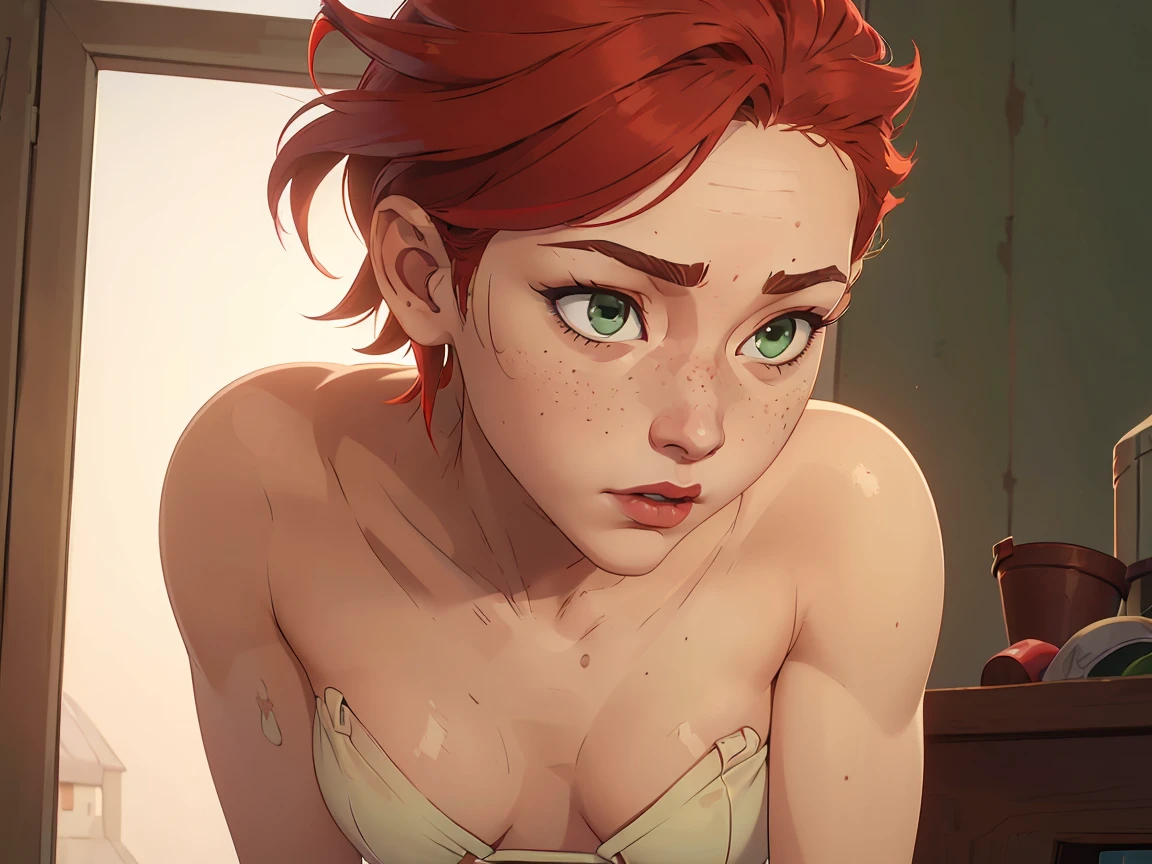 (((2 characters))), ((1guy, jon, a young guy in his 30s with asymmetric very short brown hair, green eyes, a flat nose, smooth skin, slim athletic body)), ((1girl, jennifer lawrence, 1girl, red haired chubby pale girl, green eyes, freckles, half asymetric red hair, cute, nude, small height, stain lipstick, long eyelashes, primer, cream eyeline, ((small breasts)), cute, beautiful, realistic style, highly detailed, 4k, embarrassed expression)), kissing