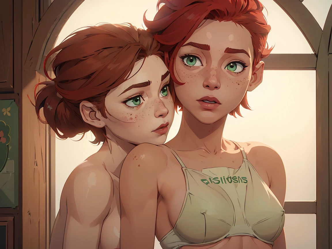 (((2 characters))), ((1guy, jon, a young guy in his 30s with asymmetric very short brown hair, green eyes, a flat nose, smooth skin, slim athletic body)), ((1girl, jennifer lawrence, 1girl, red haired chubby pale girl, green eyes, freckles, half asymetric red hair, cute, nude, small height, stain lipstick, long eyelashes, primer, cream eyeline, ((small breasts)), cute, beautiful, realistic style, highly detailed, 4k, embarrassed expression)), kissing