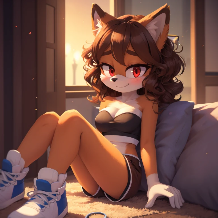 mobian, hedgehog, two-tone fur ((orange fur, brown fur)), pyjama elastic shorts, strapless crop top, cleavage, high-top sneakers, two-tone hair (brown hair, black tip)), curly hair, halo, sunglasses, jewelry, red eyes, longeyelashes, red eyes, smile, shy, blush, high detail, masterpiece, UHD, anatomically correct, super detail, highres, 4K