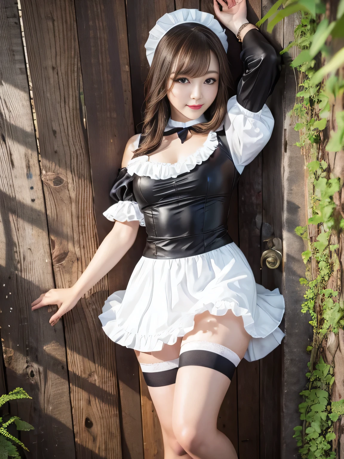 masterpiece、One girl per photo、Full Body Shot、Front view、Young and beautiful woman in Japan、Wearing a cute short-sleeved satin silver black maid outfit、With a big smile、White ruffled headband、White frilly apron、Black Choker、Charming person、Very cute face、Glossy Lips、Body covered in sweat、Double eyelids on both eyes、 Natural Makeup、Long eyelashes、Long Bob Hair、Shiny and smooth light brown hair、Asymmetrical bangs、Sunburned skin、Center image、8k resolution、Advanced Details、Detailed hairstyle、Detailed face、Great cinema lighting、Octane Rendering、Vibrant、Ultra-realistic、Perfect limbs、Perfect Anatomy、Huge