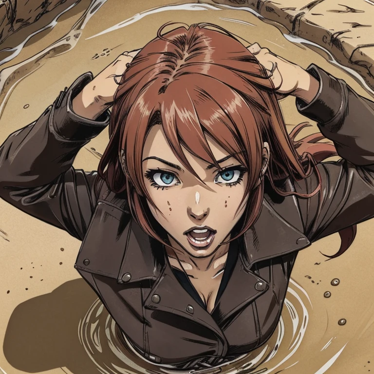 close-up portrait, An anime woman head with colored hair, orgasm ecstasy, completely drowned in quicksand:1.3, [leather jacket], above view