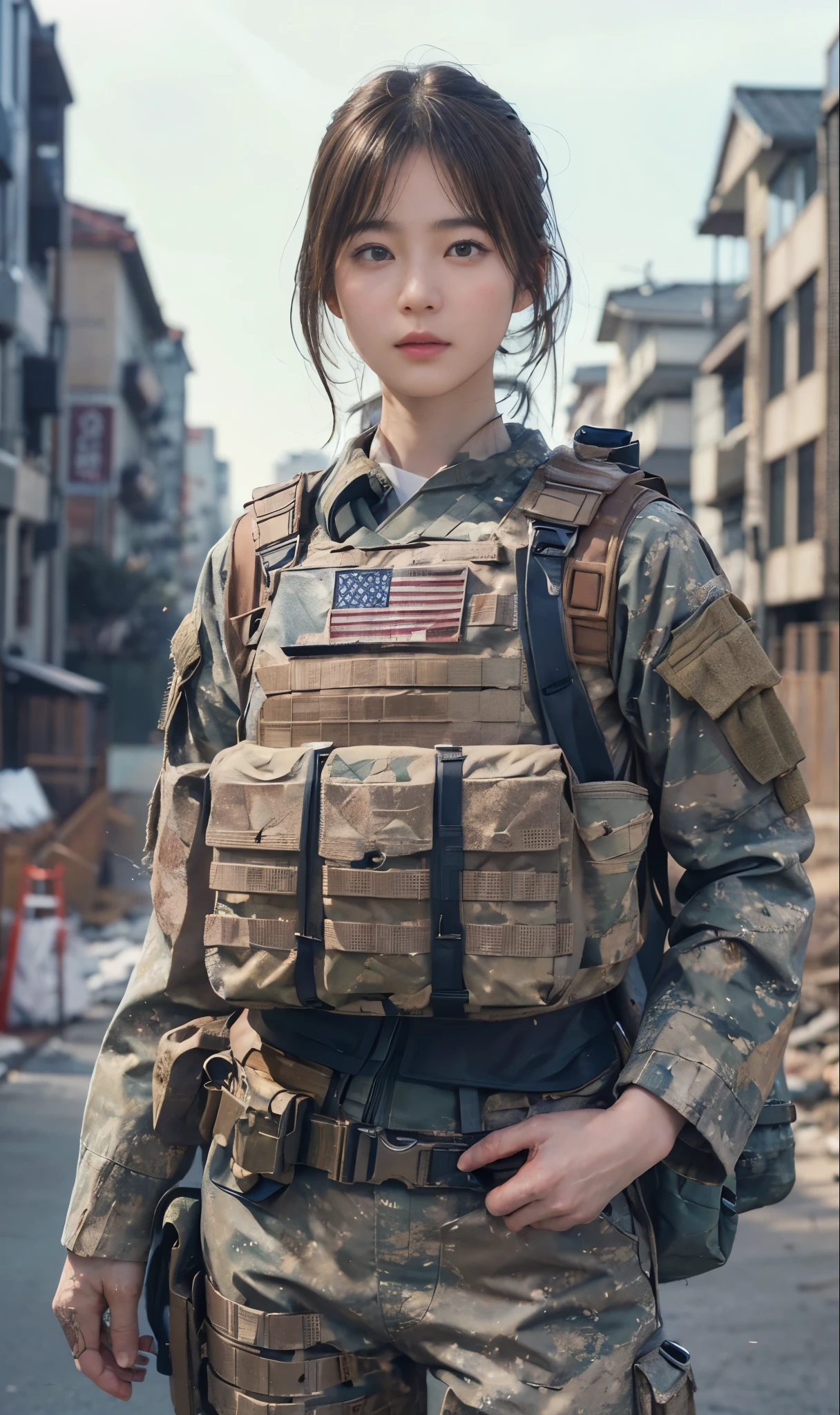 8K, realistic photo, realistic skin texture, Beautiful Japanese women in the US military、In front of a building in an American back alley、Operation End、rubble、、Bulletproof vest、Standing with hands on chest、despair、Stunned、fatigue、memorial、backpack、boots、Covered in scarilitary Vehicles、Dynamic pose、Innovative composition、