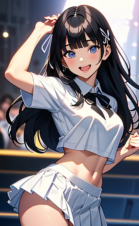 (masterpiece:1.4、top-quality、illustration:1.4,realistic、)、(character focus、breast focus,cowboy shot:1.3)、(1girl),(Open mouth happy smile:1.3),(half closed eyes),cute face,blue eyes、()、
,(stand:1.4),(Shining smile),
,(slender),(cutout between underboob and white shirts,very short pleated miniskirt:1.3),
(black middle hair:1.6,blunt bangs,),(hair ribbon1.3), (medium breasts:1.3)、stage
、slender、