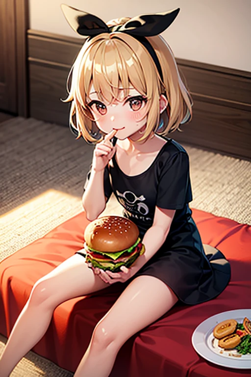 Girl！！、Young！！、one person！！、、４Year old girl、short hair、Blonde、With bangs、small、laughing、Big eyes、barefoot、Short sleeve、black eye、cute、Sitting、With ribbon、Small breasts、身長のsmall、体のsmall、Short legs、Naughty！、rich、luxury、luxuryな家、luxuryな食事、Having a meal、Eating a hamburger