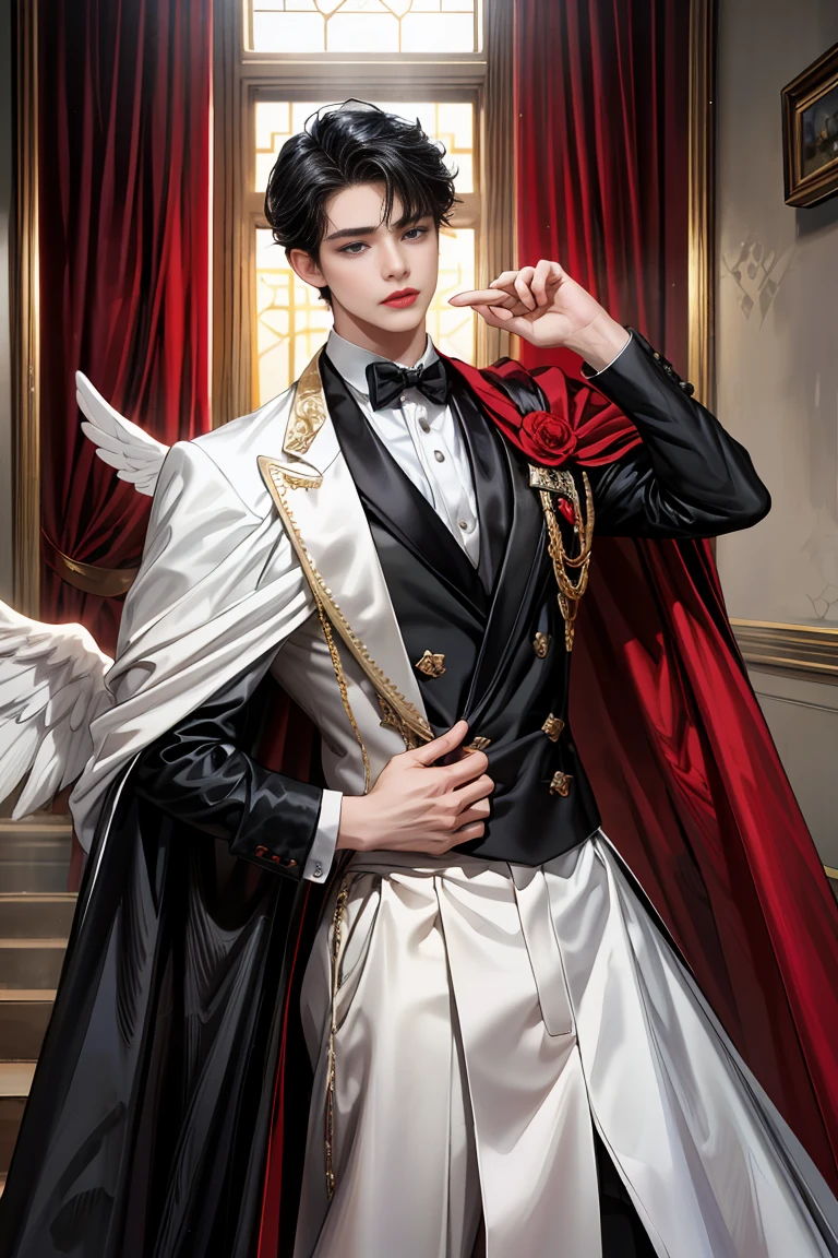masterpiece, 最high quality, high quality, 1 boy, alone, Male focus, Watching the audience, Messy black hair, Adorable big blue eyes, White, Noble, Noble, Beautiful angel、Tuxedo、A tall stand-up collar, very big, very big, very big, long, long, reaching down to the floor, a long, long red and black cape made with a lot of fabric, 17 years old,Cute beautiful boys,Cute, cute, kind, handsome guy