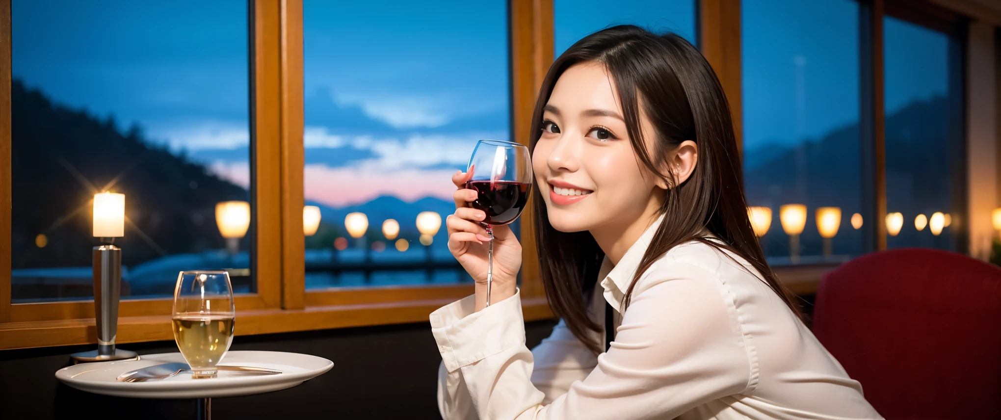 ((highest quality、8k、masterpiece:1.3))、Sharp focus:1.2、Beautiful woman perfect body:1.4、slimなボディ、((Bob Hale、Straight hair:1.2))、(to be born, highest quality, masterpiece:1.5), (Realistic, Intricate details:1.2), Ultra-high resolution, Please shine a light on my face、Amazing view of the sunset sky and clouds、Amazing mountain views、ニコニコ明るいsmile、wine glass、red wine 、Appetizers、Italian food、Wine bottle、Champagne、sparkling wine、, Beautiful Face, blue eyes, The light shines on your face, Blushing, short hair,Bright Face、Fox face、 (36 years old), 39 years old, Lady、Two beauties、Brown Hair、Shortcuts、Long sleeve shirt、dress、Pretty Woman 1, (slimな顔), (The body is slim), (Brown Hair), (Shortcuts), cheeks turn a little red,Attractive beauty、, Out of the window, A beautiful and detailed night view unfolds.........., restaurant, In a prominent place (From the waist up) Nova Frog Style, actress, model, Upper Body, White wine, slim, wine glass, 真ん中に置かれたwine glass, smile, (smile: 1.15), Beautiful fine grain, Depth f/2,saturation, High Contrast, Strong light and shadow,Moist Body:1.5、3D texture、Delicate eyes、Brown Hair、The hair is very shiny、