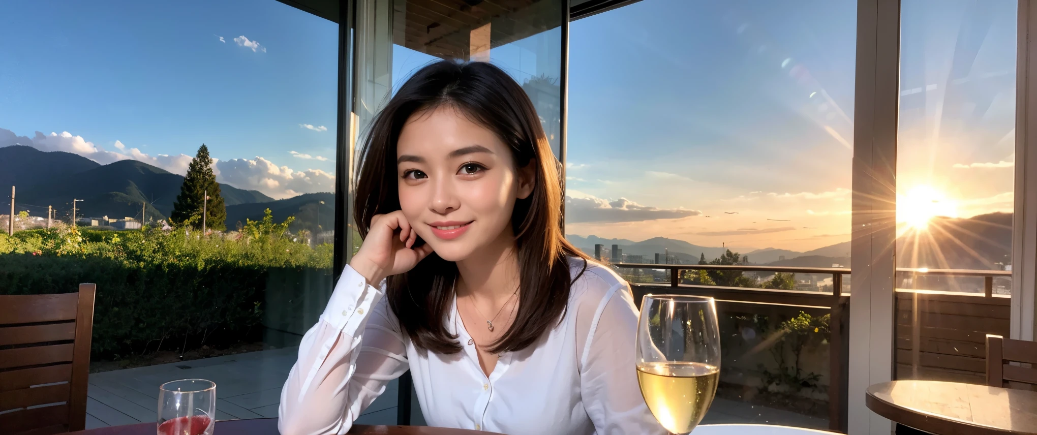 ((highest quality、8k、masterpiece:1.3))、Sharp focus:1.2、Beautiful woman perfect body:1.4、slimなボディ、((Bob Hale、Straight hair:1.2))、(to be born, highest quality, masterpiece:1.5), (Realistic, Intricate details:1.2), Ultra-high resolution, Please shine a light on my face、Amazing view of the sunset sky and clouds、Amazing mountain views、ニコニコ明るいsmile、wine glass、red wine 、Appetizers、Italian food、Wine bottle、Champagne、sparkling wine、, Beautiful Face, blue eyes, The light shines on your face, Blushing, short hair,Bright Face、Fox face、 (36 years old), 39 years old, Lady、Two beauties、Brown Hair、Shortcuts、Long sleeve shirt、dress、Pretty Woman 1, (slimな顔), (The body is slim), (Brown Hair), (Shortcuts), cheeks turn a little red,Attractive beauty、, Out of the window, A beautiful and detailed night view unfolds.........., restaurant, In a prominent place (From the waist up) Nova Frog Style, actress, model, Upper Body, White wine, slim, wine glass, 真ん中に置かれたwine glass, smile, (smile: 1.15), Beautiful fine grain, Depth f/2,saturation, High Contrast, Strong light and shadow,Moist Body:1.5、3D texture、Delicate eyes、Brown Hair、The hair is very shiny、