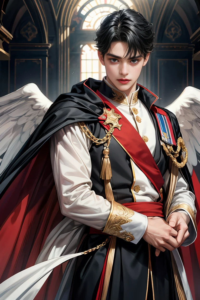 
masterpiece, 最high quality, high quality, 1 boy, alone, Male focus, Watching the audience,  Messy black hair, Adorable big blue eyes, White, Noble, Noble, Beautiful angel、A very big, very big, very big, very long, long red and black cape made with a lot of fabric that reaches all the way down to the floor, 17 years old,Cute beautiful boys,Cute, cute, kind, handsome guy