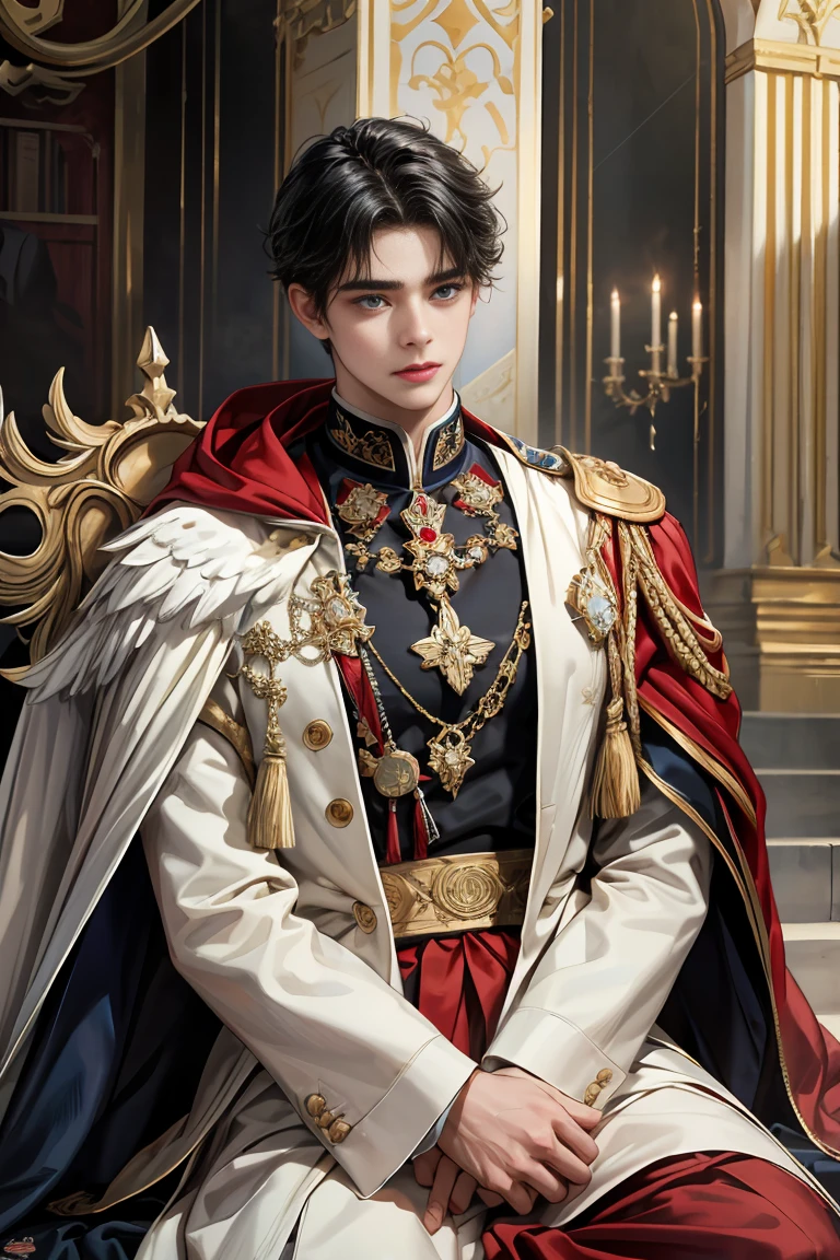 masterpiece, 最high quality, high quality, 1 boy, alone, Male focus, Watching the audience, Messy black hair, Adorable big blue eyes, White, Noble, Noble, Beautiful angel、A very big, very big, very big, very long, long red and black cape made with a lot of fabric that reaches all the way down to the floor, 17 years old,Cute beautiful boys,Cute, cute, kind, handsome guy