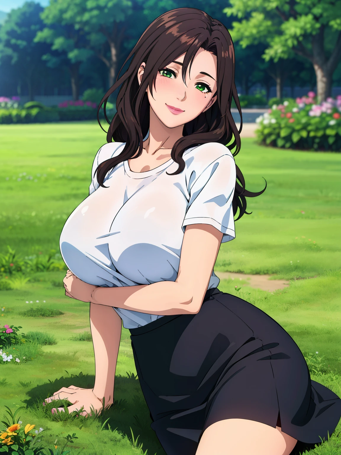 (lying on grass, on side), white t-shirt, black skirt, garden background , sayuri, anime cels style, best quality, high resolution, 1girl, (huge breasts:1.2), beautiful face, green eyes, dark brown hair, wavy hair, two beauty spots near her left eyes, lipstick, cowboy shot, smiling, blushing, beautiful long legs, beautiful body