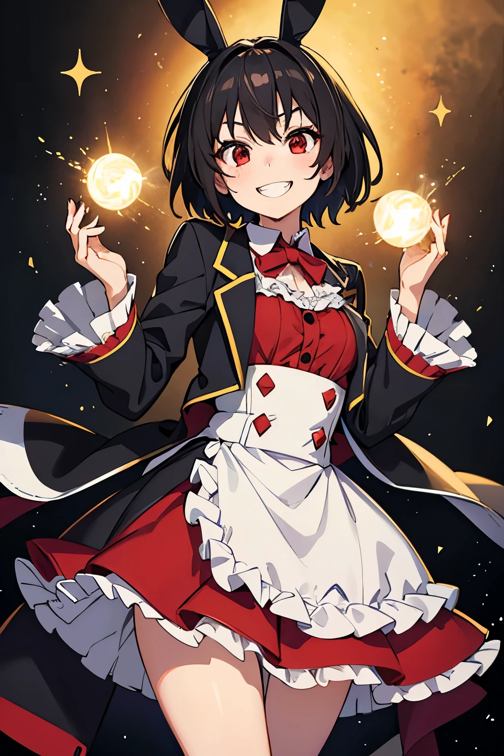 anime girl, bunny ears, short black hair, suit, red eyes, fangs, (masterpiece), fantasy, 1girl, dress, frills, grin, (magic:1.2), glowing, light particles